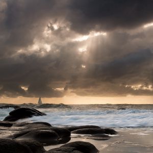 Preview wallpaper sailing vessel, waves, coast, distance, evening