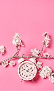 Preview wallpaper sakura, flowers, clock, alarm clock, minimalism, pink