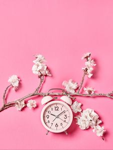 Preview wallpaper sakura, flowers, clock, alarm clock, minimalism, pink