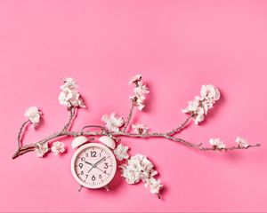 Preview wallpaper sakura, flowers, clock, alarm clock, minimalism, pink