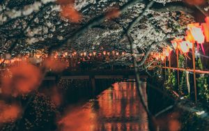 Preview wallpaper sakura, park, embankment, lights, bridge, river