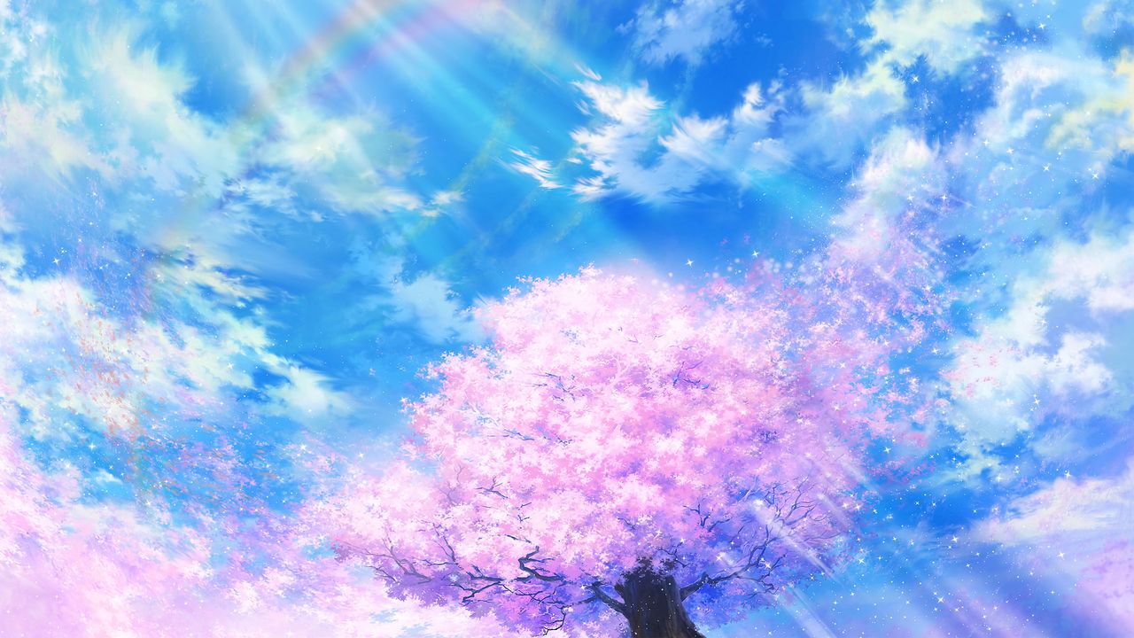 Wallpaper sakura, rainbow, art, bloom, sky, clouds