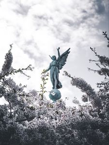 Preview wallpaper sakura, statue, angel, flowers, bloom, branches