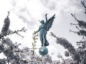 Preview wallpaper sakura, statue, angel, flowers, bloom, branches