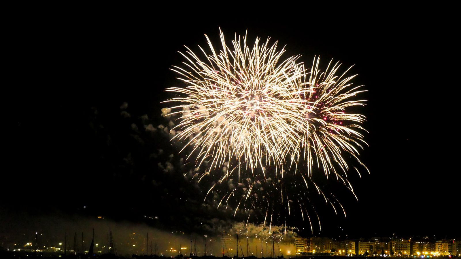 1600x900 Wallpaper salute, fireworks, sky, dark
