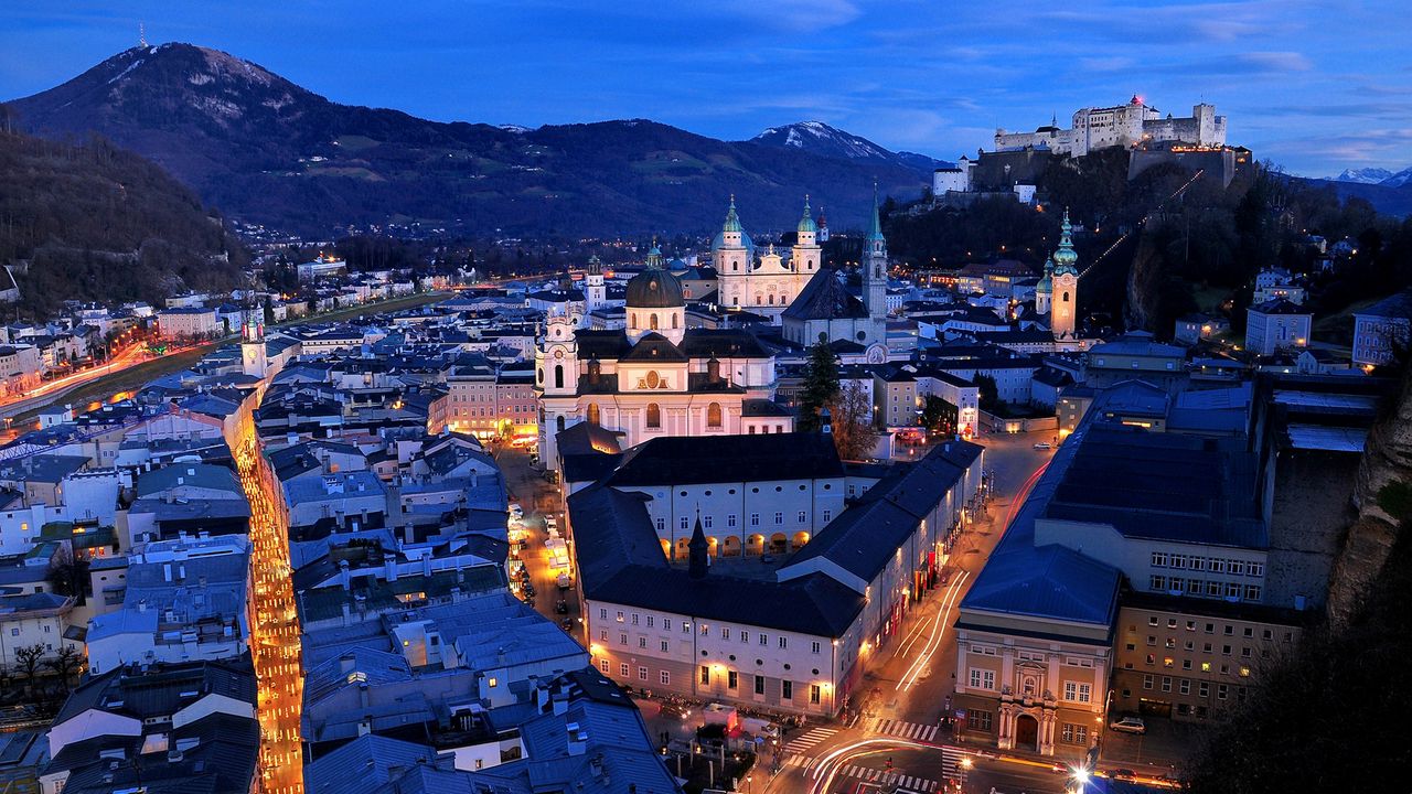 Wallpaper salzburg, austria, night, top view, streets, buildings