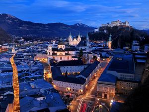 Preview wallpaper salzburg, austria, night, top view, streets, buildings