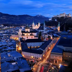 Preview wallpaper salzburg, austria, night, top view, streets, buildings