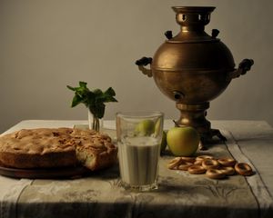 Preview wallpaper samovar, apples, pie, milk, pretzels