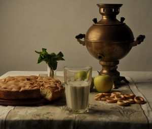 Preview wallpaper samovar, apples, pie, milk, pretzels