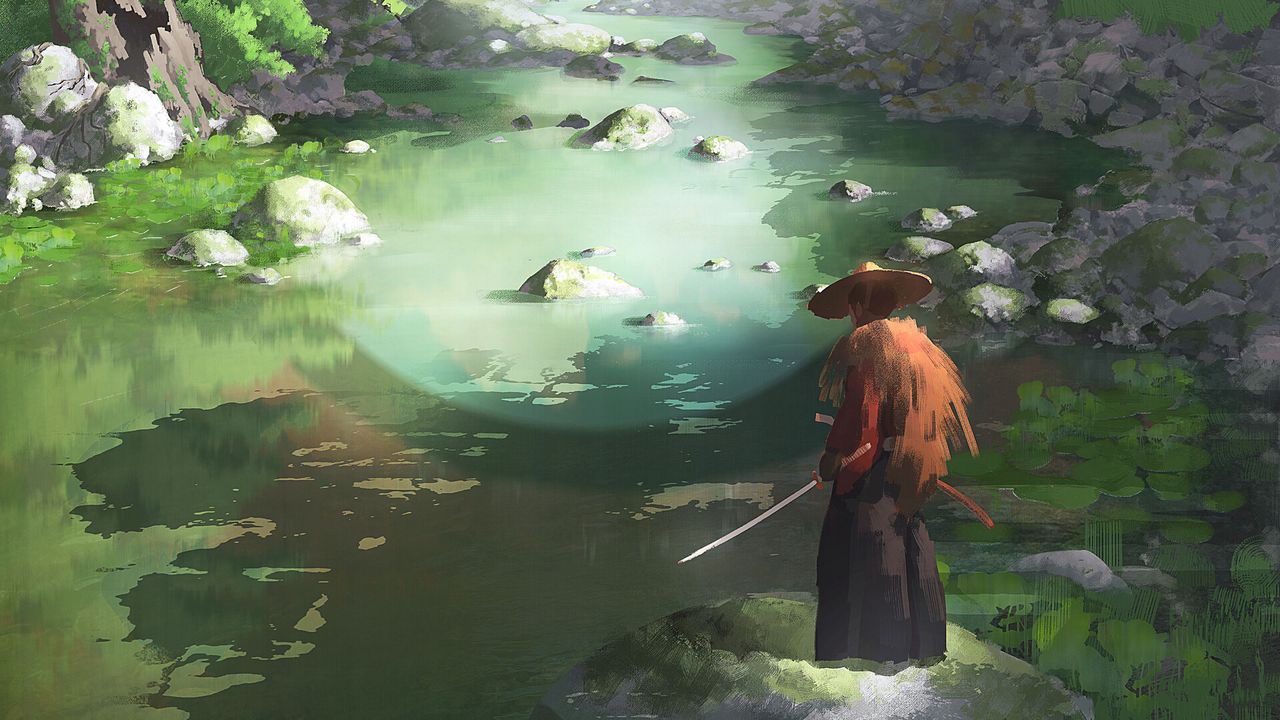 Wallpaper samurai, katana, river, japan, art