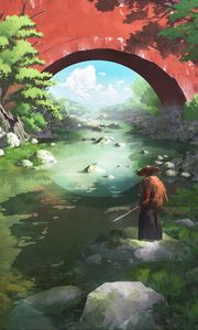 Preview wallpaper samurai, katana, river, japan, art