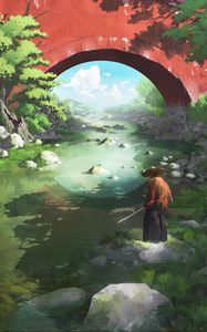 Preview wallpaper samurai, katana, river, japan, art