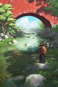 Preview wallpaper samurai, katana, river, japan, art