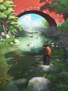 Preview wallpaper samurai, katana, river, japan, art