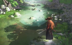 Preview wallpaper samurai, katana, river, japan, art