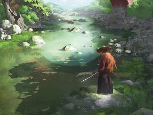 Preview wallpaper samurai, katana, river, japan, art