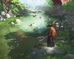 Preview wallpaper samurai, katana, river, japan, art