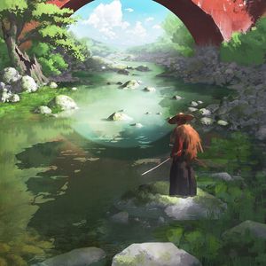 Preview wallpaper samurai, katana, river, japan, art