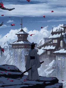 Preview wallpaper samurai, sword, castle, snow, art