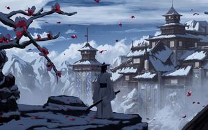 Preview wallpaper samurai, sword, castle, snow, art