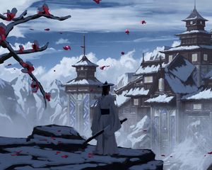 Preview wallpaper samurai, sword, castle, snow, art