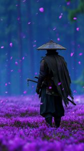 Preview wallpaper samurai, sword, flowers, petals, purple