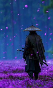 Preview wallpaper samurai, sword, flowers, petals, purple