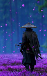 Preview wallpaper samurai, sword, flowers, petals, purple