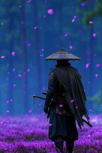 Preview wallpaper samurai, sword, flowers, petals, purple
