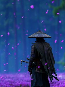 Preview wallpaper samurai, sword, flowers, petals, purple