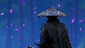 Preview wallpaper samurai, sword, flowers, petals, purple