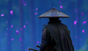 Preview wallpaper samurai, sword, flowers, petals, purple