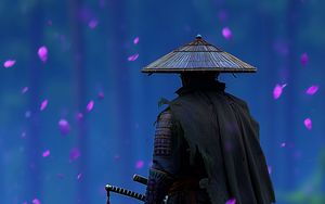 Preview wallpaper samurai, sword, flowers, petals, purple