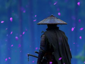 Preview wallpaper samurai, sword, flowers, petals, purple