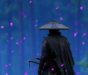 Preview wallpaper samurai, sword, flowers, petals, purple