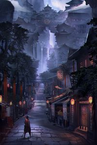 Preview wallpaper samurai, warrior, buildings, architecture, street, japan, art