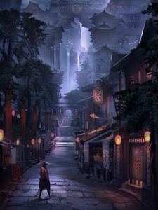 Preview wallpaper samurai, warrior, buildings, architecture, street, japan, art