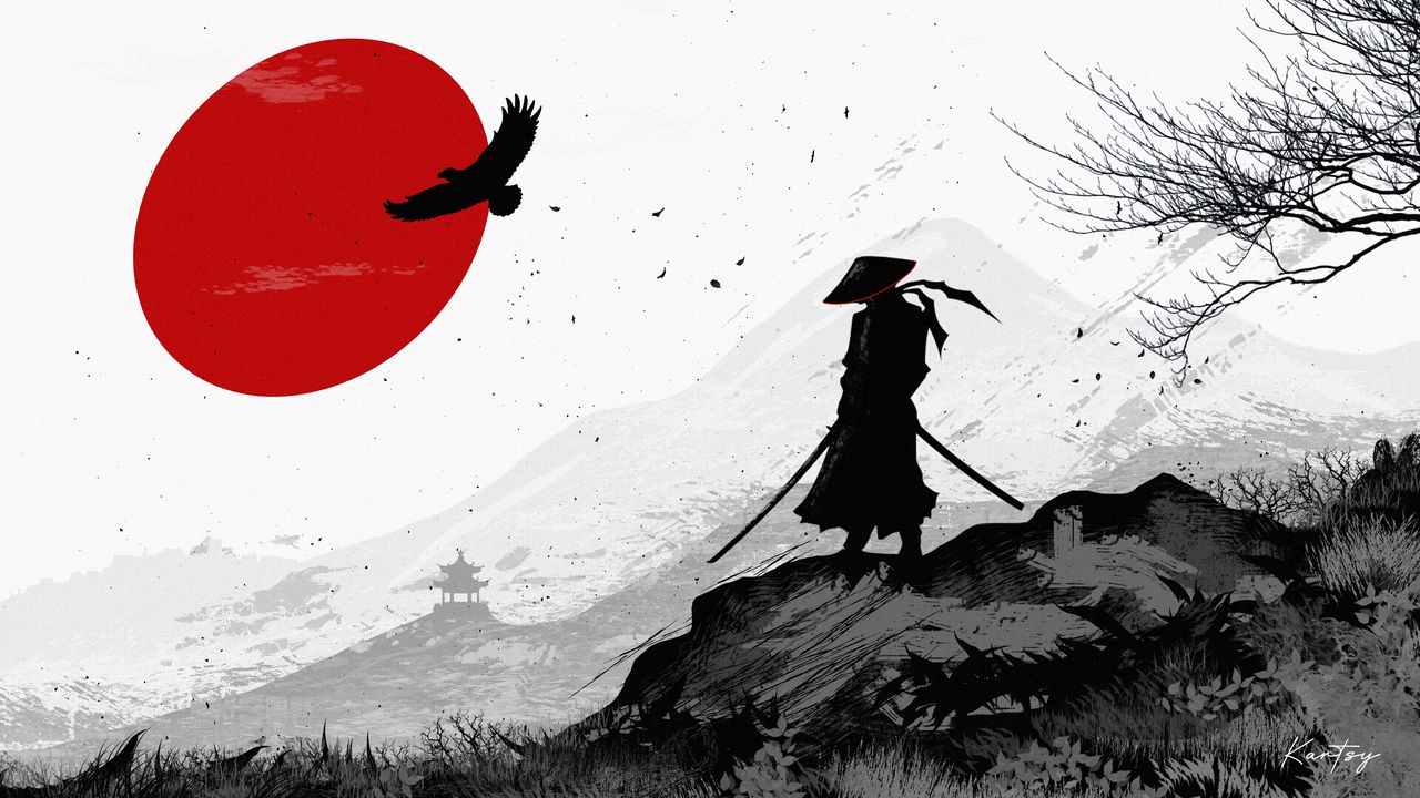 Wallpaper samurai, warrior, silhouette, art, black and white