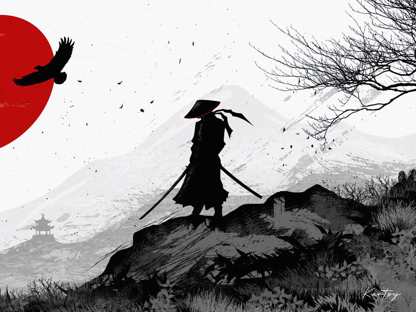 Download wallpaper 1400x1050 samurai, warrior, silhouette, art, black and  white standard 4:3 hd background