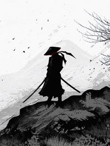 Preview wallpaper samurai, warrior, silhouette, art, black and white