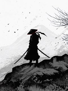 Download wallpaper 240x320 samurai, warrior, silhouette, art, black and  white old mobile, cell phone, smartphone hd background