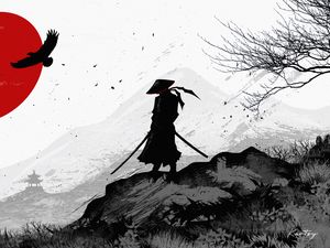 Preview wallpaper samurai, warrior, silhouette, art, black and white