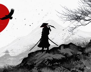 Preview wallpaper samurai, warrior, silhouette, art, black and white