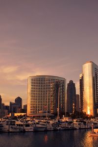 Preview wallpaper san - diego, usa, skyline, sunset, buildings, boats, dock, sea