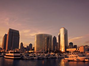Preview wallpaper san - diego, usa, skyline, sunset, buildings, boats, dock, sea