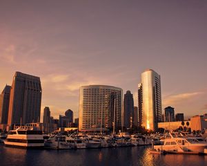 Preview wallpaper san - diego, usa, skyline, sunset, buildings, boats, dock, sea