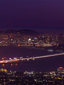 Preview wallpaper san francisco, night city, bridge, skyscrapers