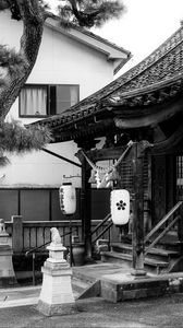 Preview wallpaper sanctuary, lanterns, tree, interior, bw
