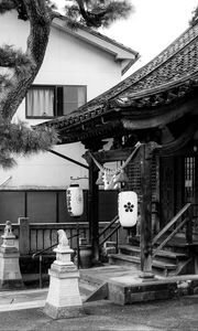 Preview wallpaper sanctuary, lanterns, tree, interior, bw